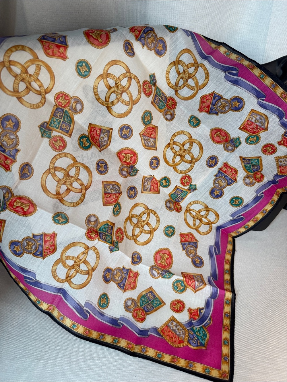 Celine Multicolor Medallion & Crest Silk Scarf - White, Gold, Purple (NWOT)